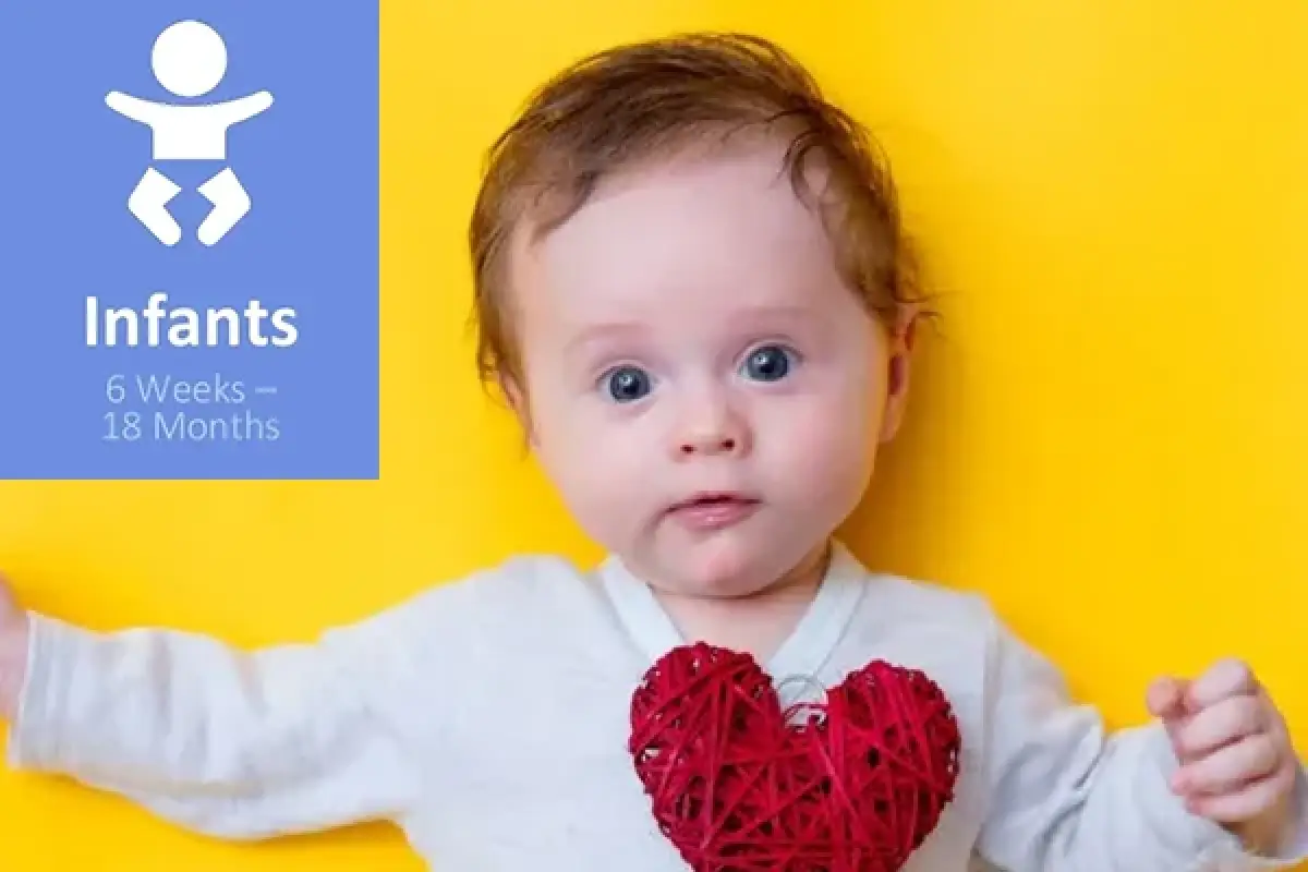 Baby with a red heart decoration on shirt, yellow background, Infants 6 Weeks–18 Months text.