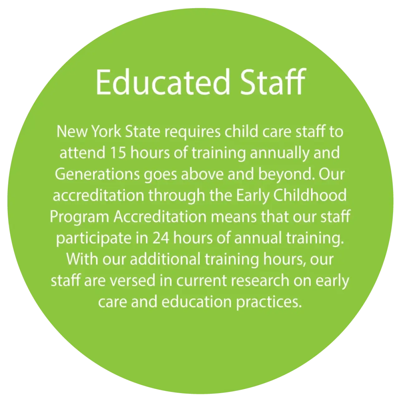 Green circle with white text explaining staff training and accreditation in early childhood care.