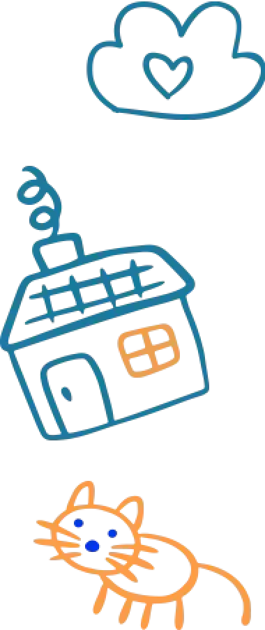 Childlike drawing of a cloud, a house with a chimney, and an orange cat on white background.
