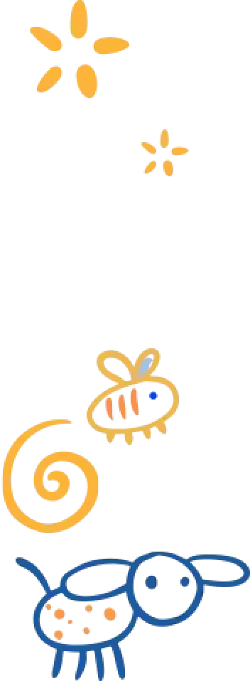 Stylized yellow stars, a spiral, and abstract blue and yellow shapes on a white background.