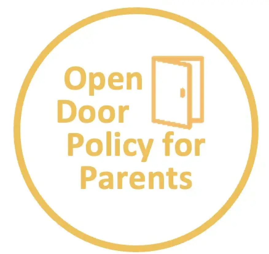 Yellow circle with an open door icon and the text Open Door Policy for Parents inside.