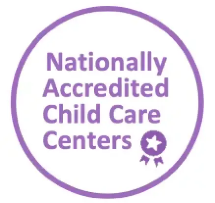 Purple circle with text Nationally Accredited Child Care Centers and a ribbon icon inside.