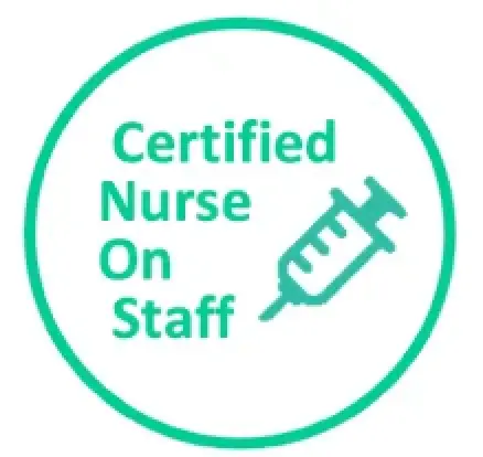 Green text Certified Nurse On Staff with a syringe icon inside a green circle.