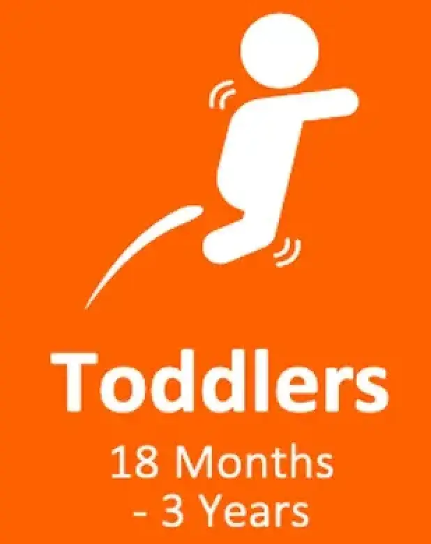 White stick figure jumping above Toddlers 18 Months - 3 Years on an orange background.