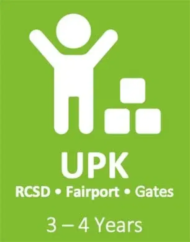 White figure and blocks on green with UPK RCSD Fairport Gates 3–4 Years written below.
