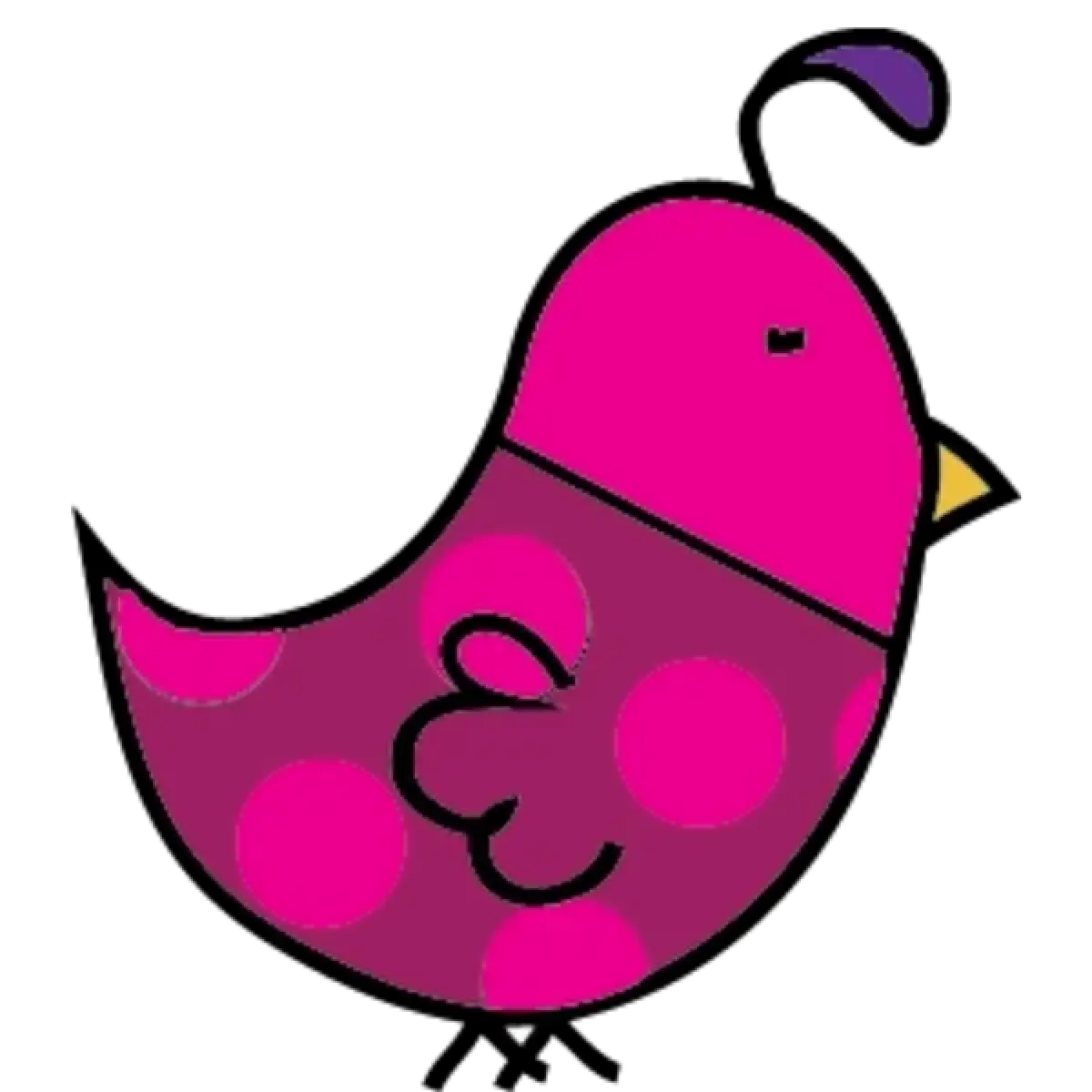 Cartoon purple bird with pink spots and a yellow beak, facing left on a white background.