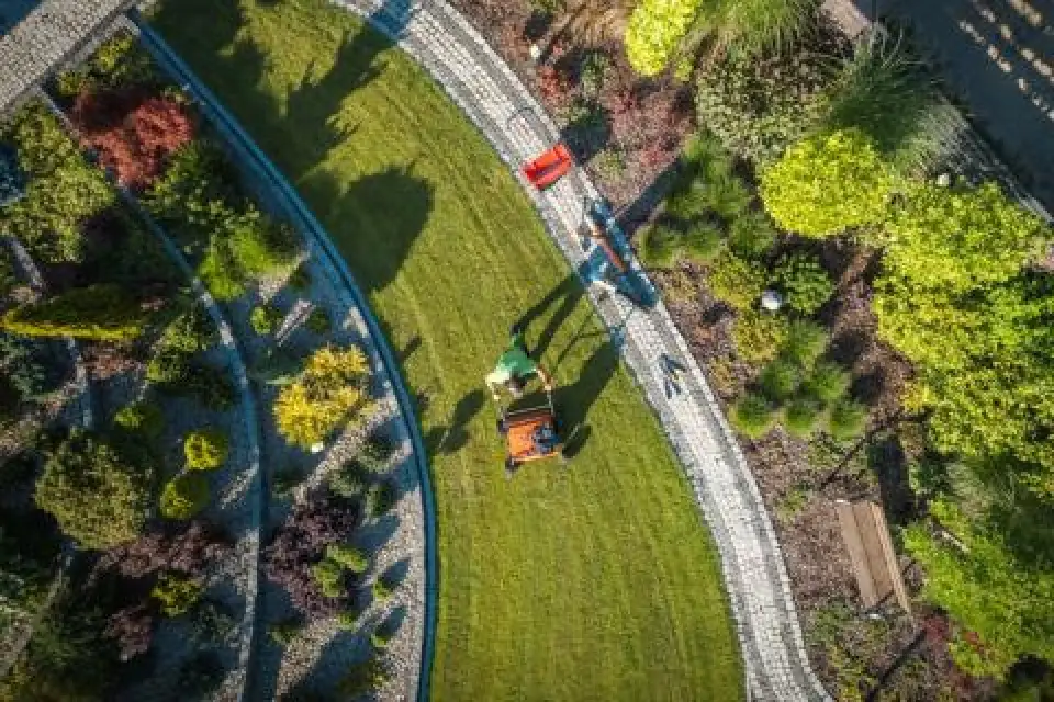 Person mowing curved lawn in landscaped garden