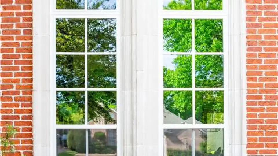 Two white-trimmed windows reflect green trees and houses, set in a red brick wall.
