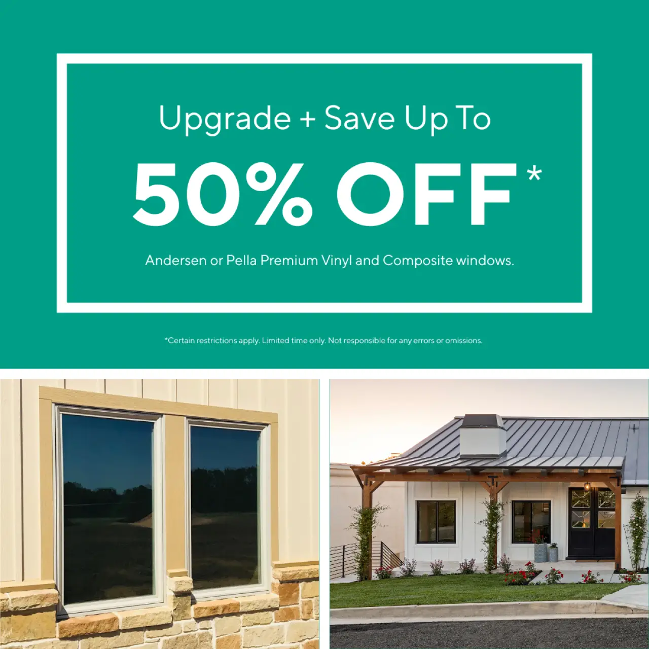 Green ad offering up to 50 off premium vinyl and composite windows; two window photos below.