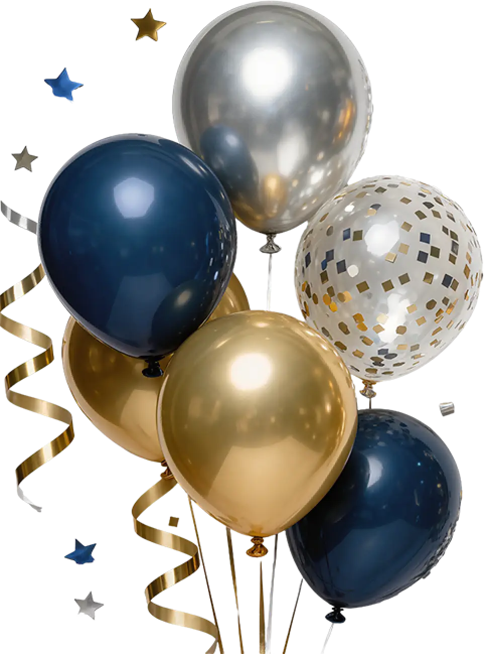 Gold, silver and navy balloons