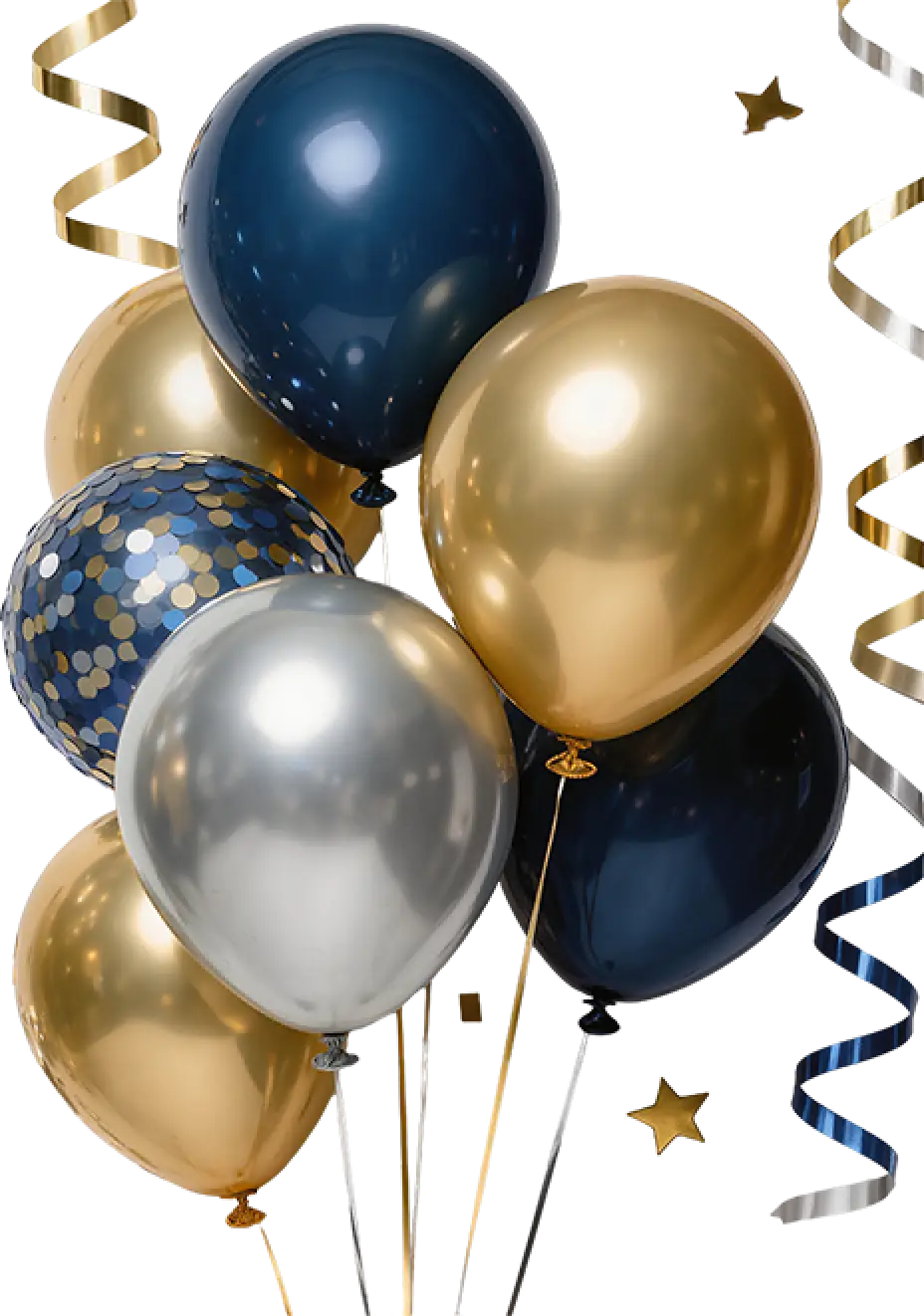 Gold, silver and navy balloons