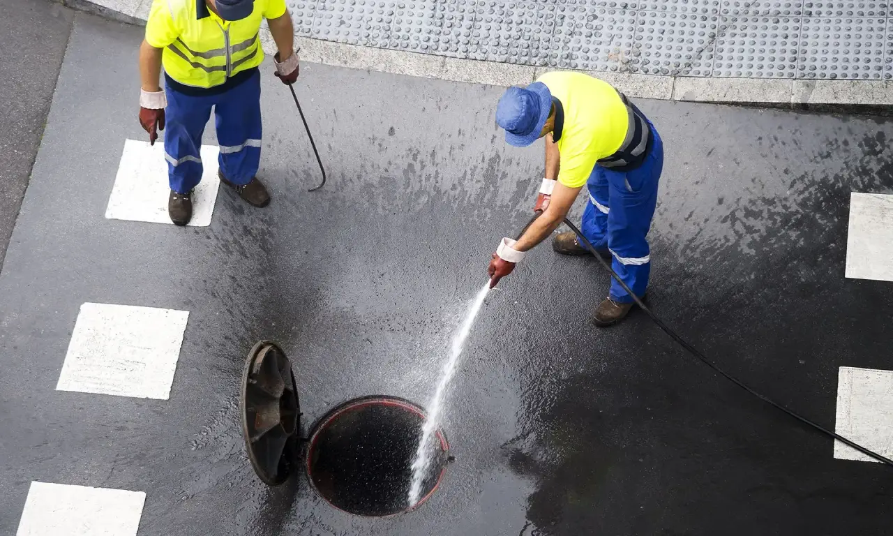Workers pressure wash an open street drain.