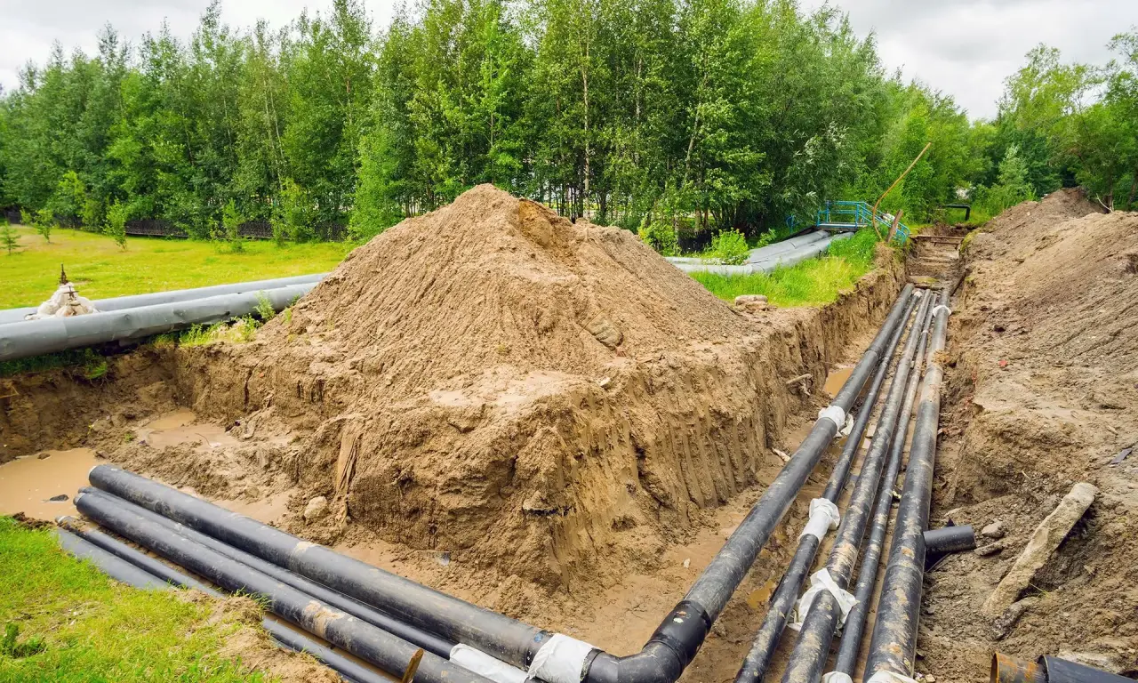 New utility pipes laid in excavated trenches for underground line replacement.