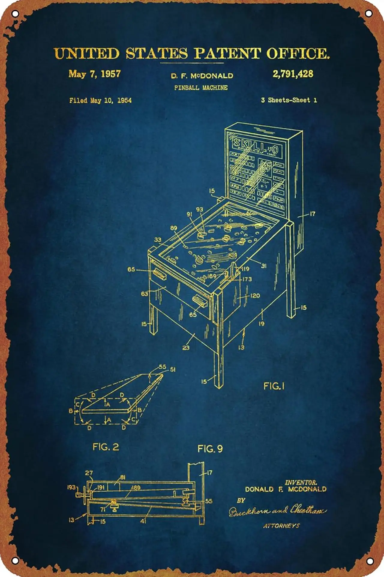 2 Pinball Machine Patent Game Poster Metal 8x12 Inch,Vintage Metal Pub Club Cafe bar Home Wall Art Decoration Poster Retro 8x12 Inch