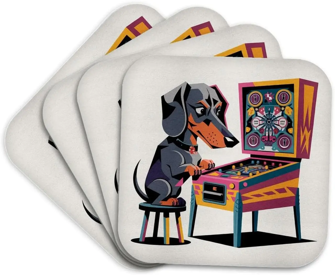 3dRose Funny Cool Colorful Dachshund Dog Playing Pinball Machine Game Set of 4 Coasters - Cork