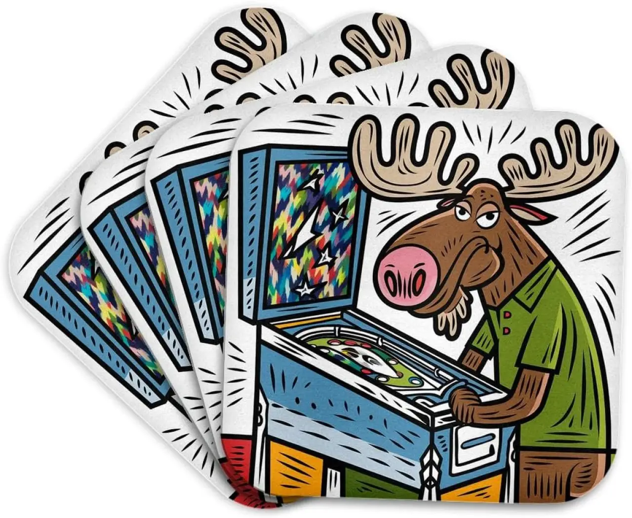3dRose Funny Cool Colorful Moose Playing Pinball Machine Game Graffiti Art Set of 4 Coasters - Cork