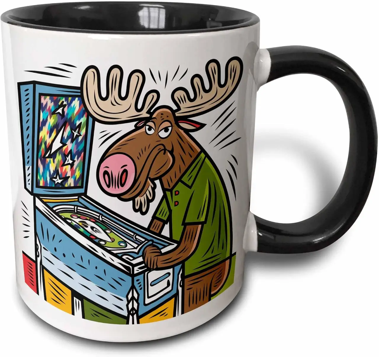 3dRose Funny Cool Colorful Moose Playing Pinball Machine Game Graffiti Art 11oz Two-Tone Black Mug