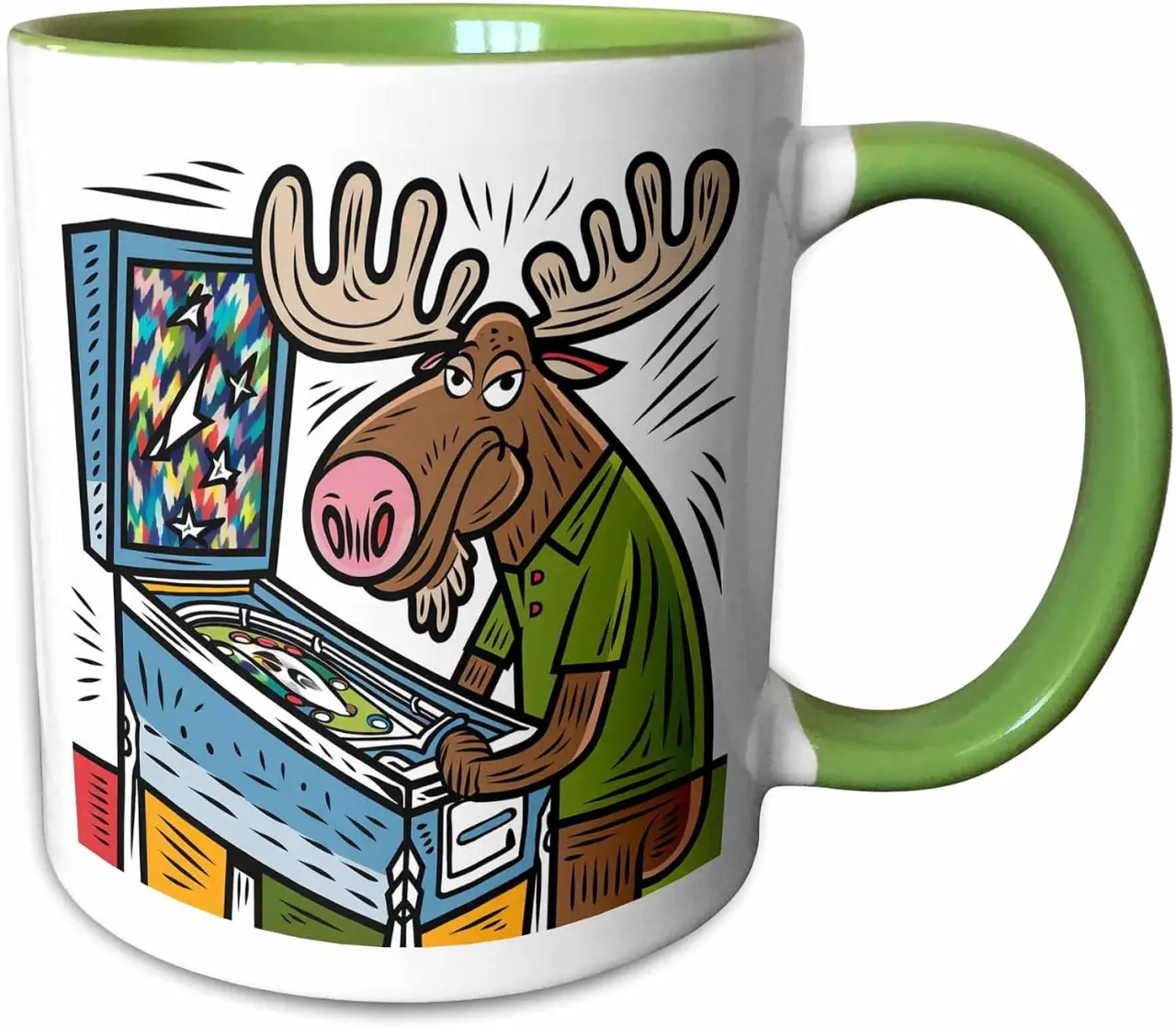 3dRose Funny Cool Colorful Moose Playing Pinball Machine Game Graffiti Art 11oz Two-Tone Green Mug