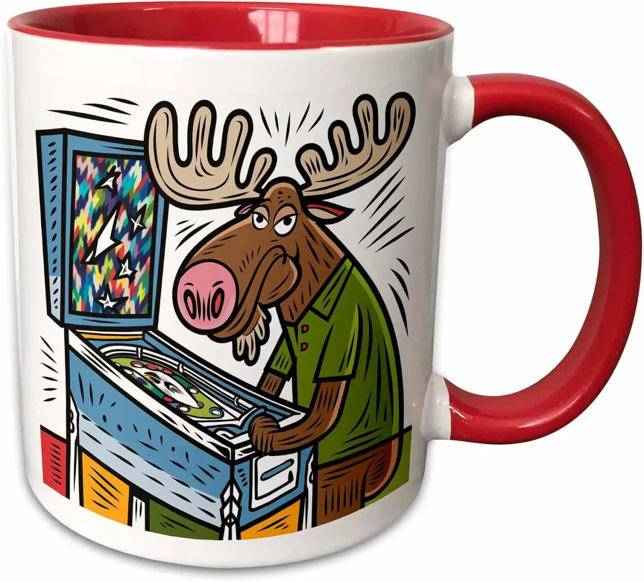 3dRose Funny Cool Colorful Moose Playing Pinball Machine Game Graffiti Art 11oz Two-Tone Red Mug