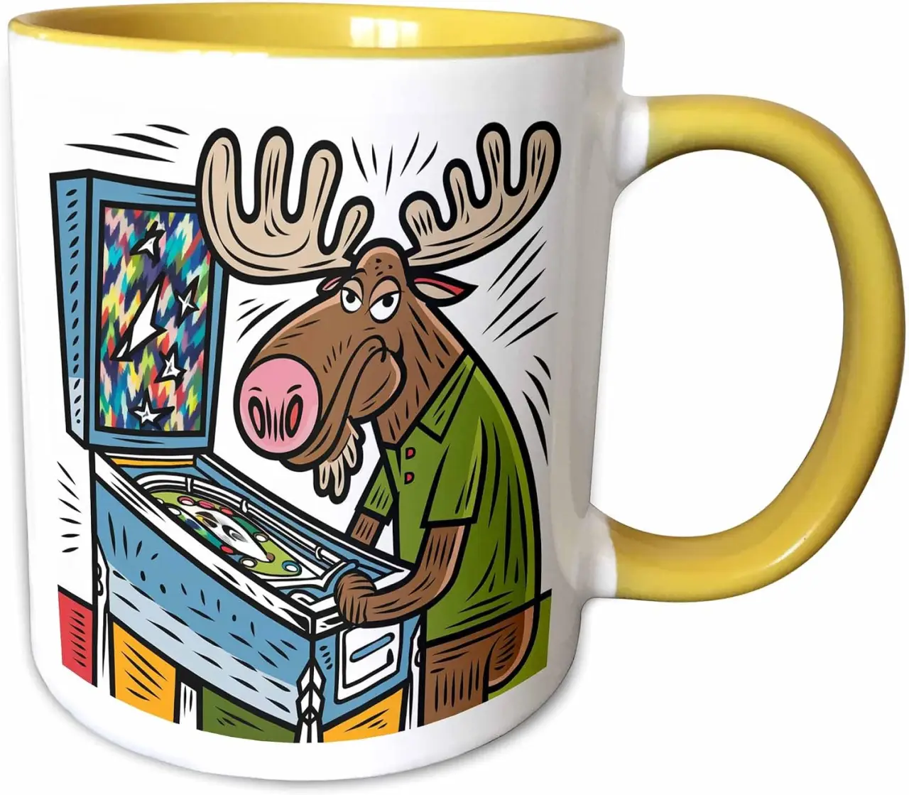 3dRose Funny Cool Colorful Moose Playing Pinball Machine Game Graffiti Art 11oz Two-Tone Yellow Mug