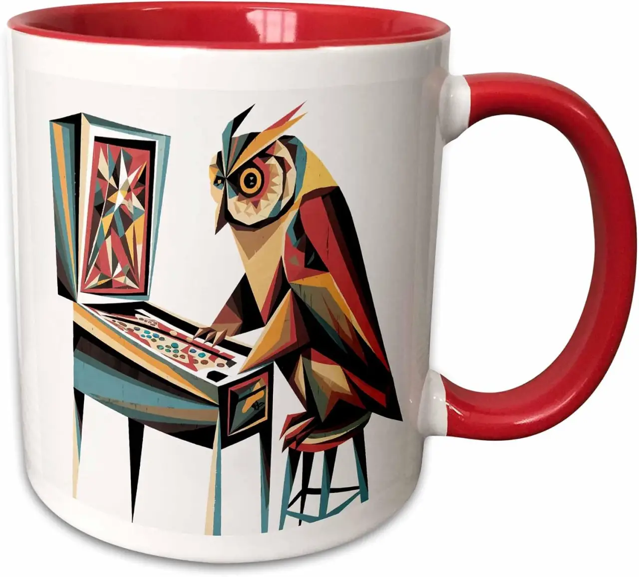 3dRose Funny Cool Colorful Owl Playing Pinball Machine Game Abstract 11oz Two-Tone Red Mug