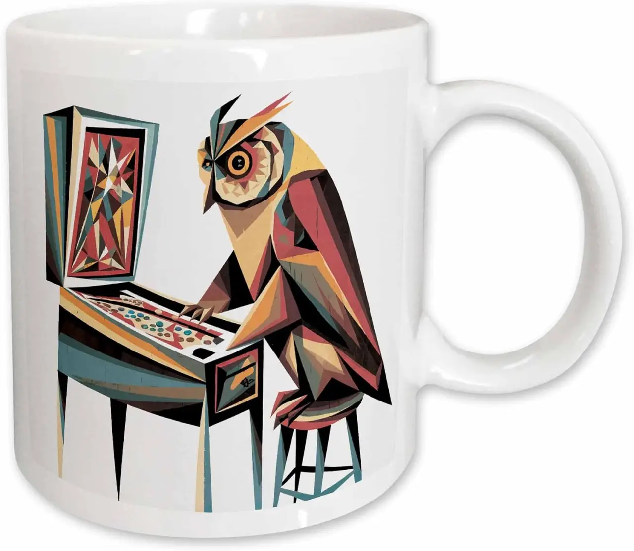 3dRose Funny Cool Colorful Owl Playing Pinball Machine Game Abstract 15oz Mug
