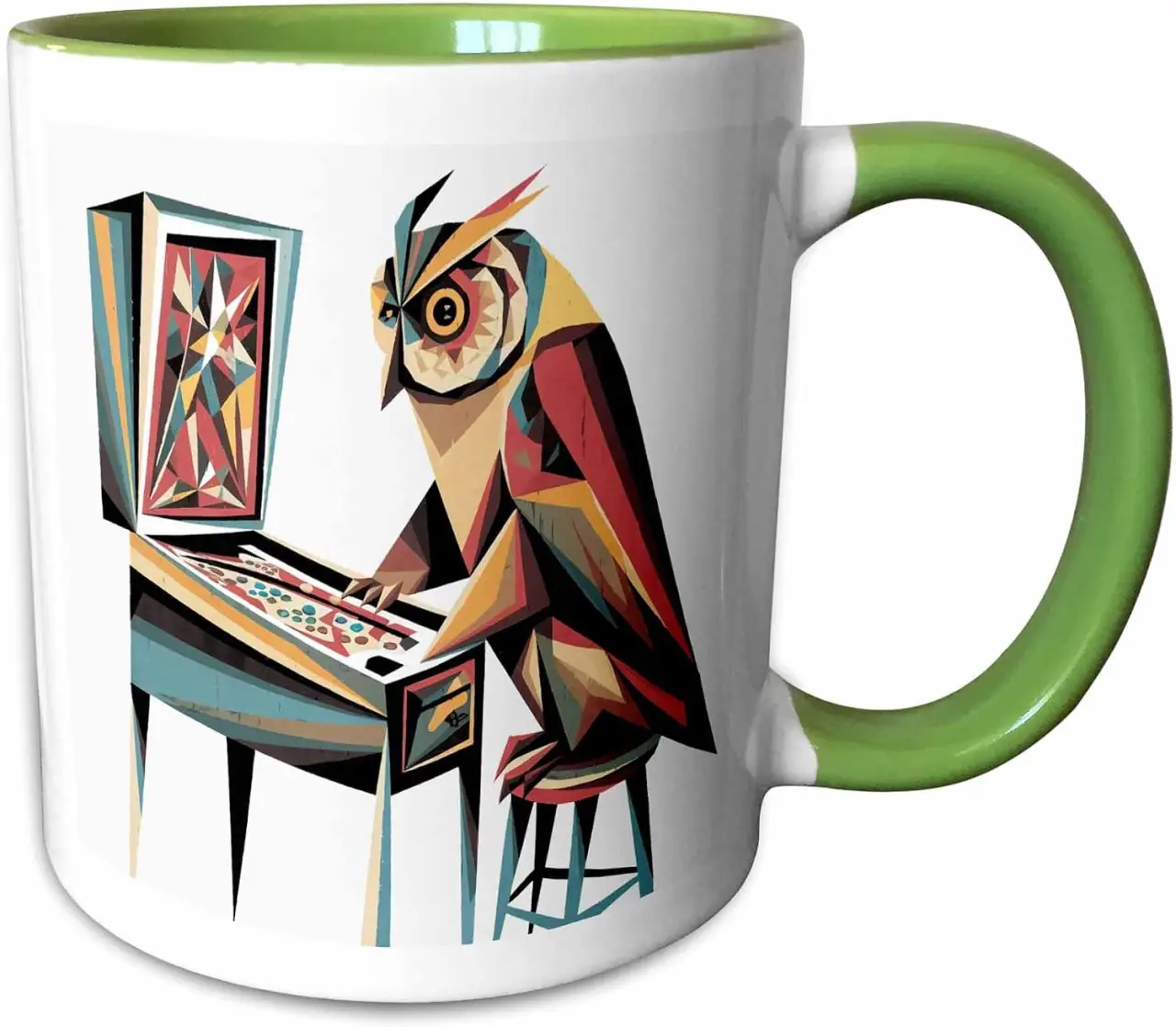3dRose Funny Cool Colorful Owl Playing Pinball Machine Game Abstract 15oz Two-Tone Green Mug
