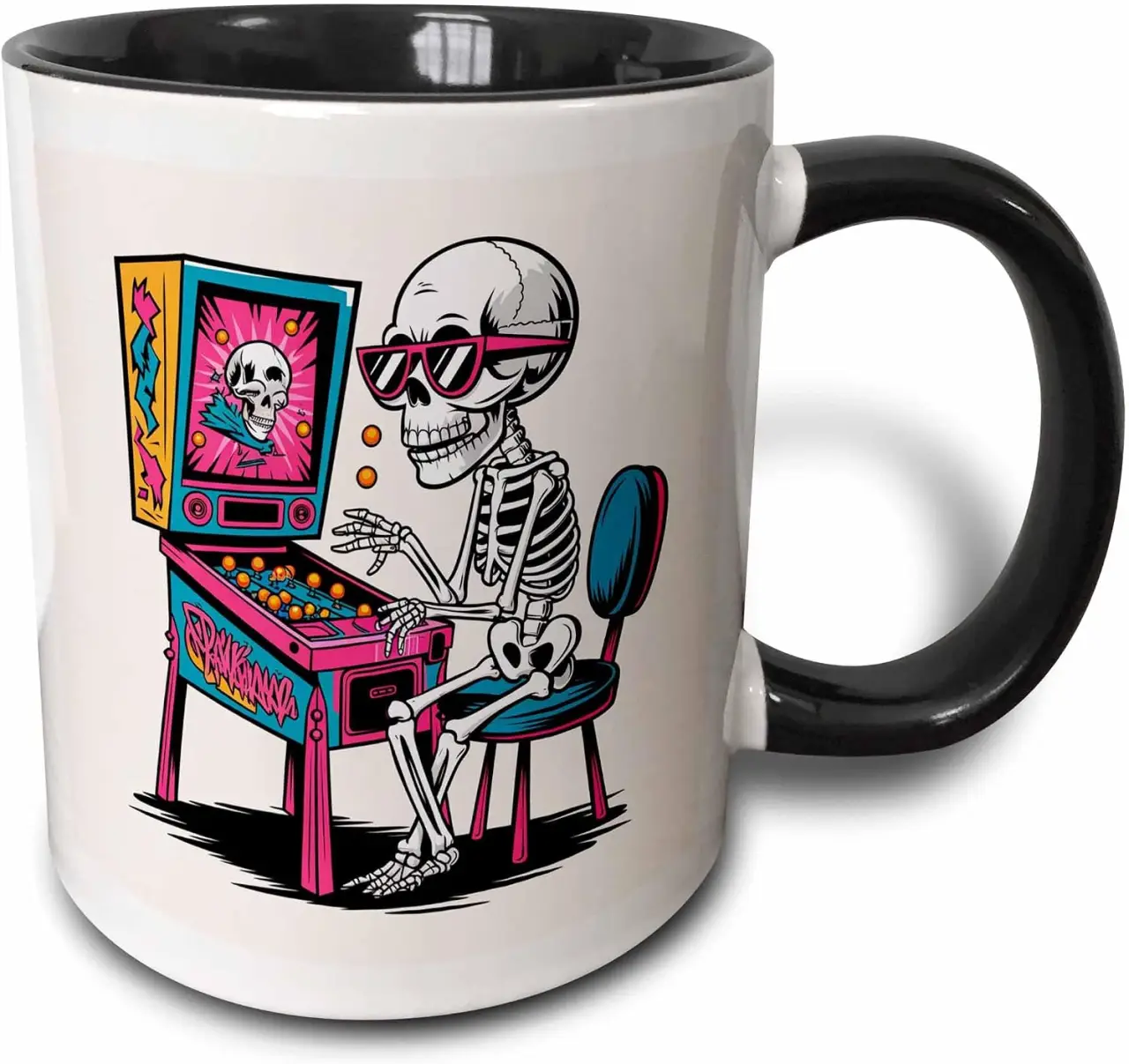 3dRose Funny Cute Cool Skeleton Playing Pinball Retro Graffiti Halloween 11oz Two-Tone Black Mug