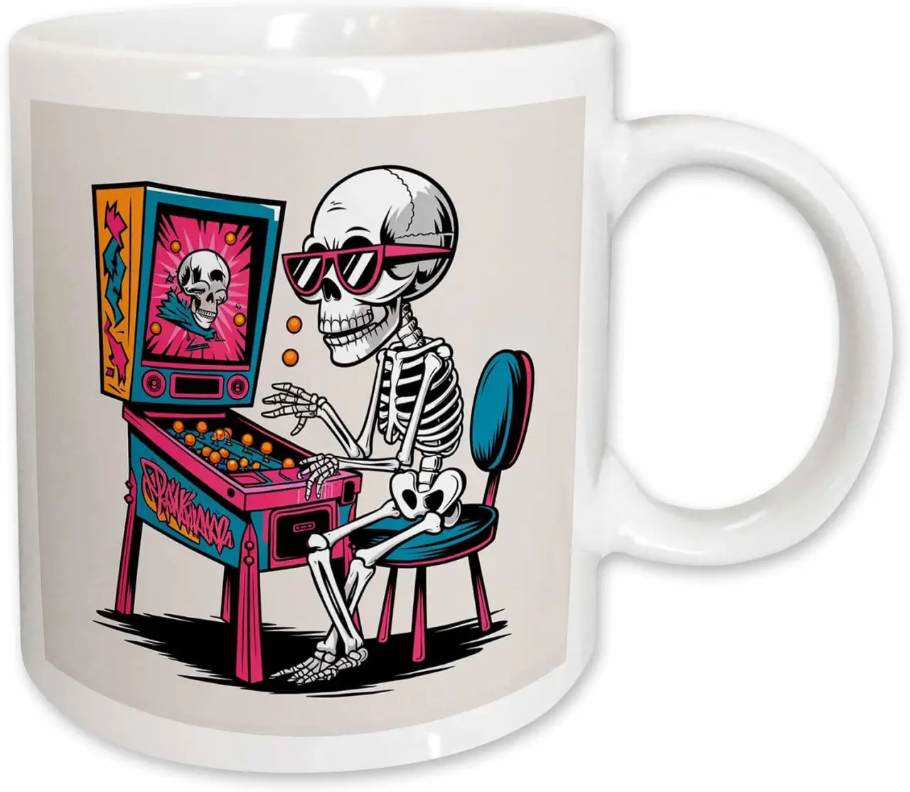 3dRose Funny Cute Cool Skeleton Playing Pinball Retro Graffiti Halloween 15oz Mug