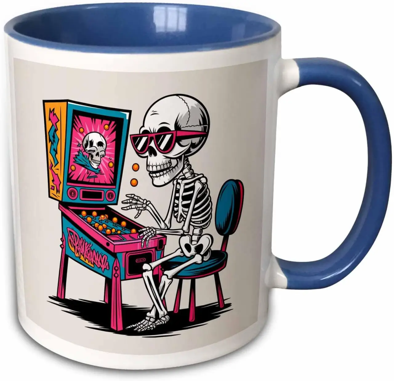 3dRose Funny Cute Cool Skeleton Playing Pinball Retro Graffiti Halloween 15oz Two-Tone Blue Mug