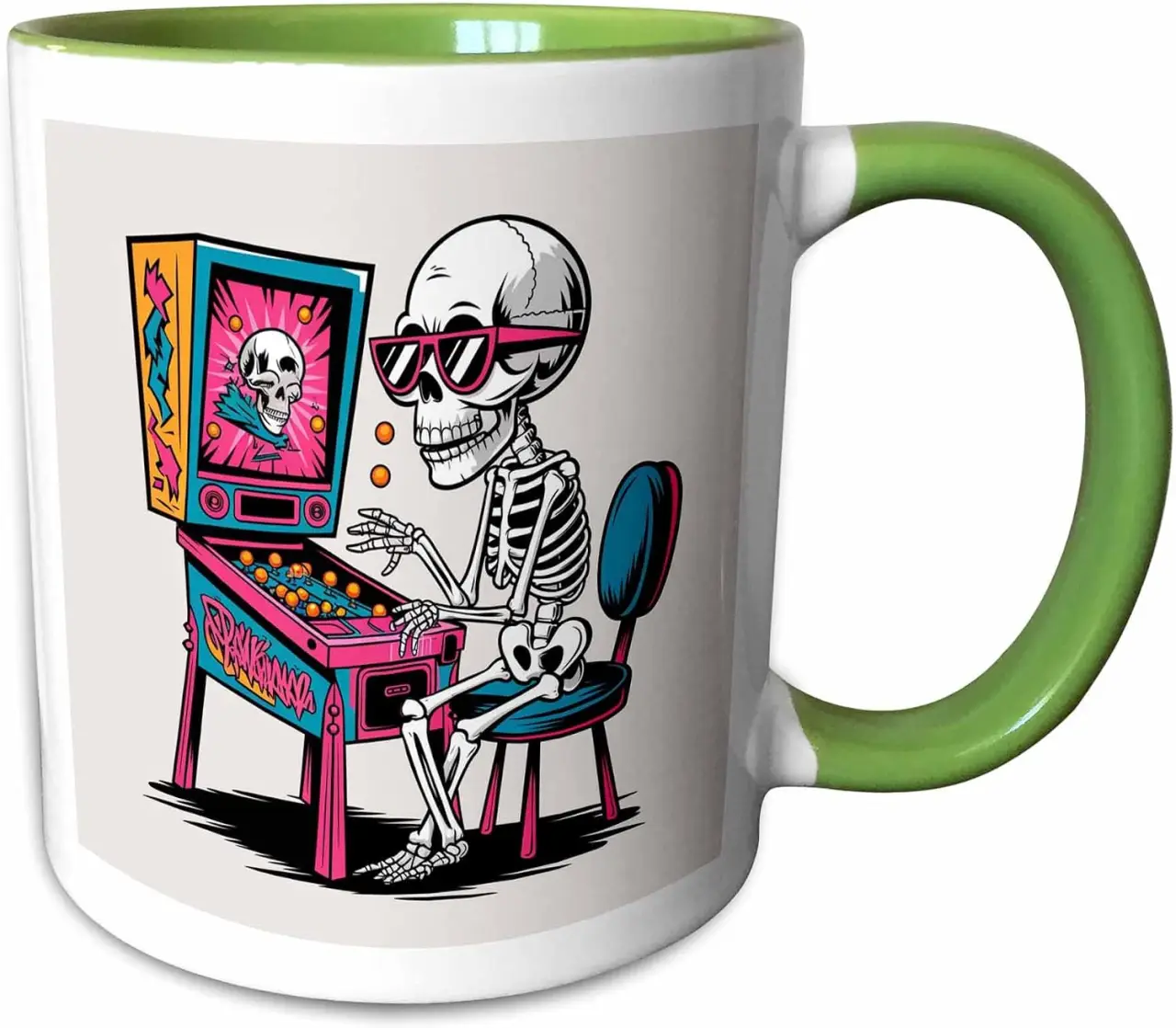 3dRose Funny Cute Cool Skeleton Playing Pinball Retro Graffiti Halloween 15oz Two-Tone Green Mug