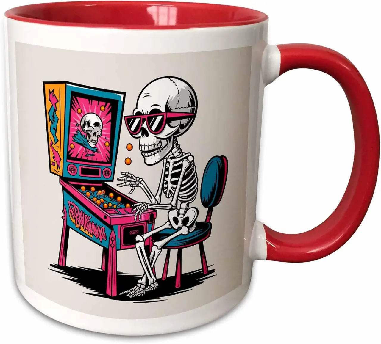 3dRose Funny Cute Cool Skeleton Playing Pinball Retro Graffiti Halloween 15oz Two-Tone Red Mug