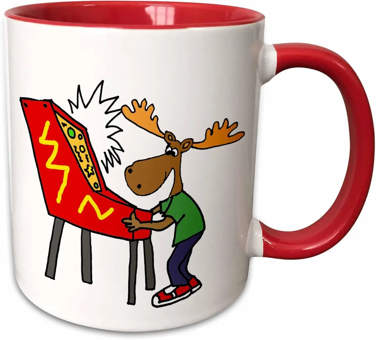 3dRose Funny Moose Playing Pinball Game Cartoon 11oz Two-Tone Red Mug