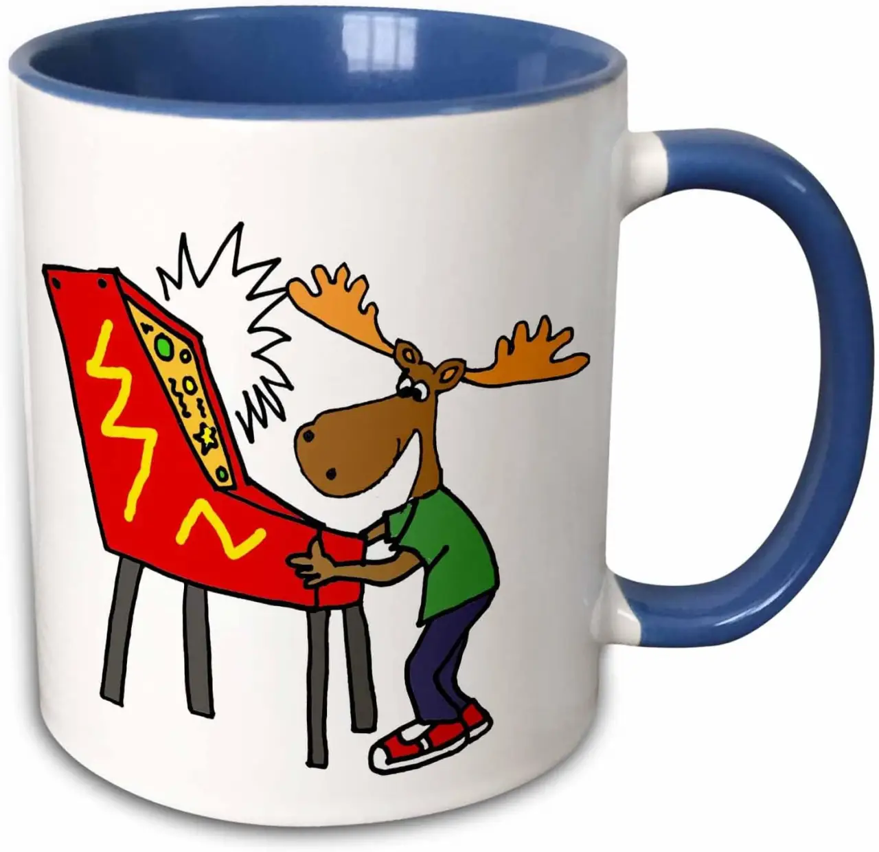 3dRose Funny Moose Playing Pinball Game Cartoon 15oz Two-Tone Blue Mug