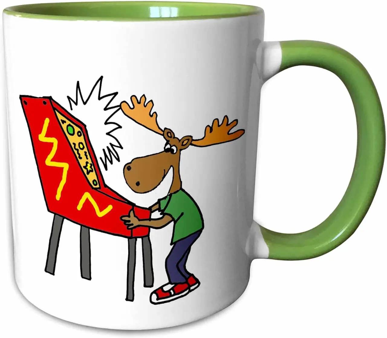 3dRose Funny Moose Playing Pinball Game Cartoon 15oz Two-Tone Green Mug