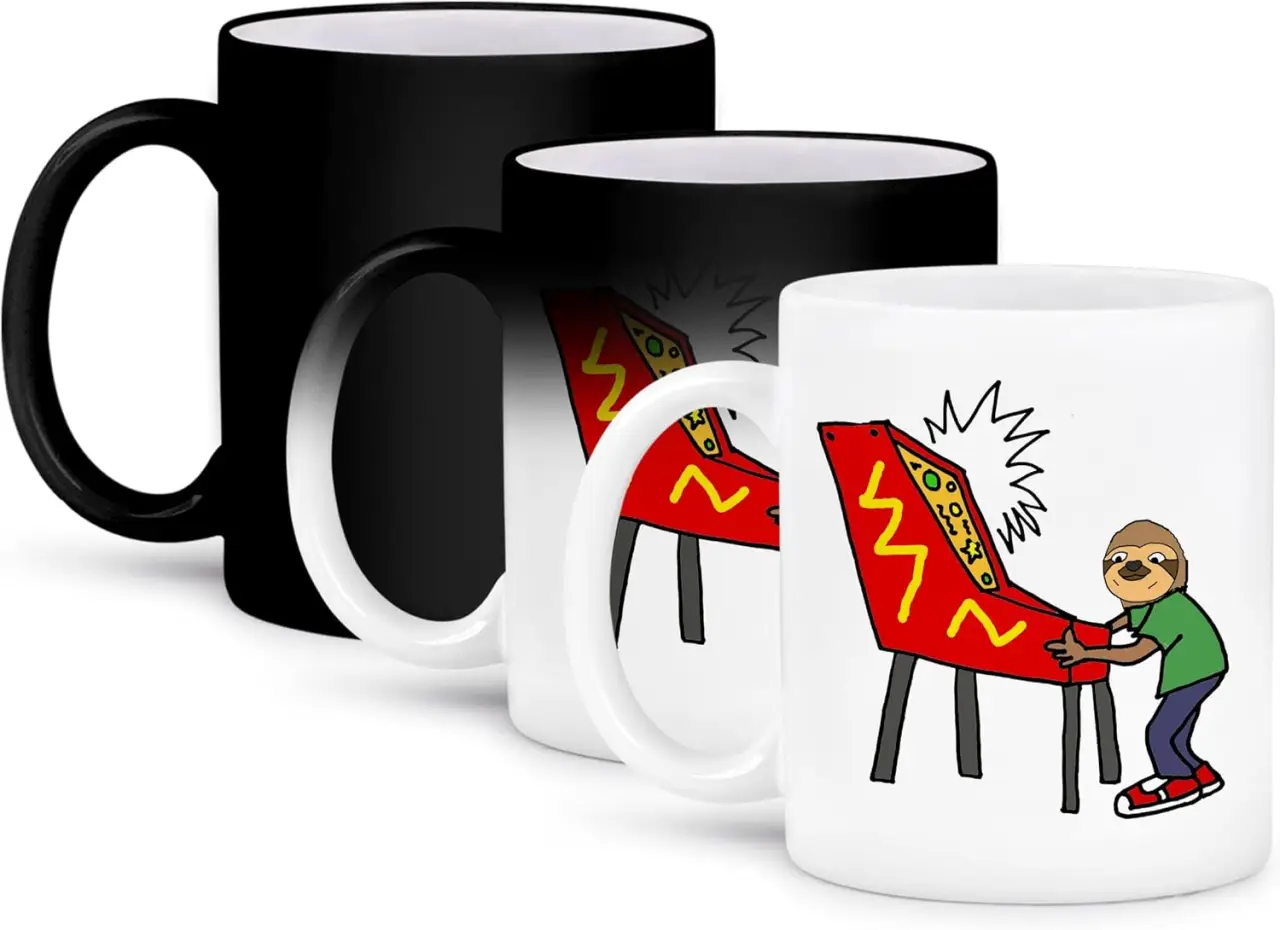 3dRose Funny Sloth Playing Pinball Game Cartoon 11oz Magic Transforming Mug