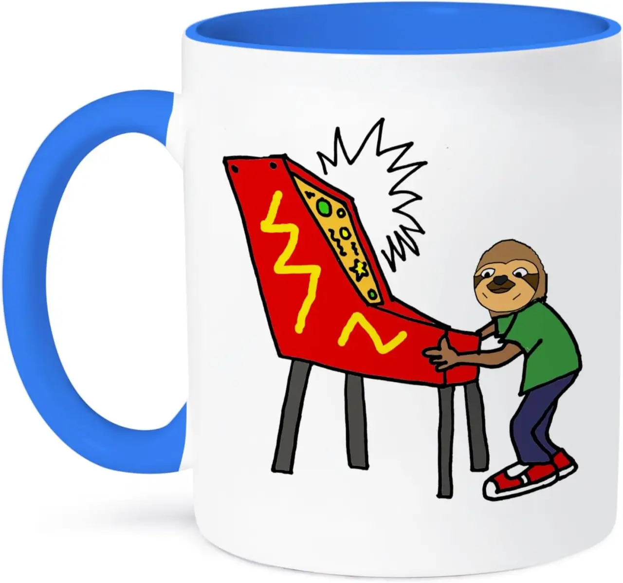 3dRose Funny Sloth Playing Pinball Game Cartoon 15oz Two-Tone Blue Mug