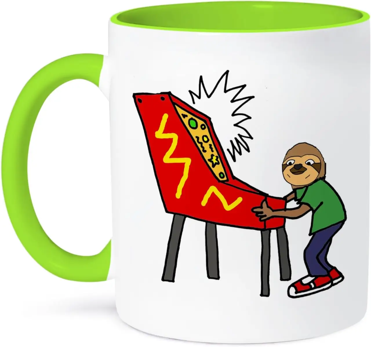 3dRose Funny Sloth Playing Pinball Game Cartoon 15oz Two-Tone Green Mug