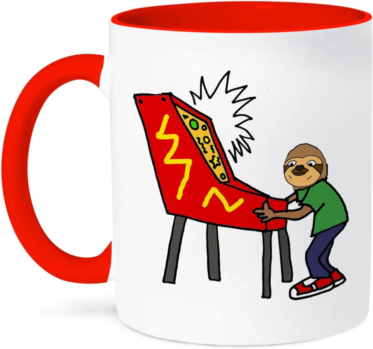 3dRose Funny Sloth Playing Pinball Game Cartoon 15oz Two-Tone Red Mug