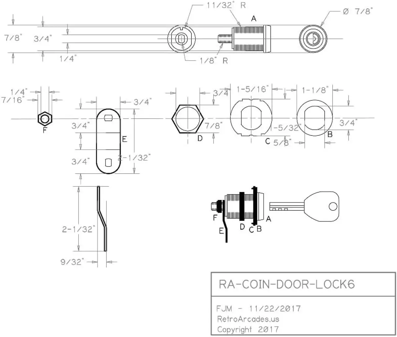 Arcade Pinball Game Coin Door Lock, 25mm, semicircular Key, 1 Lock and 1 Key