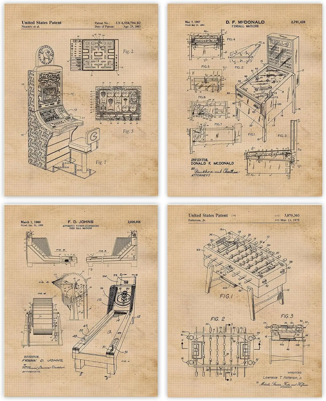 Classic Arcade Pinball Skee Ball Game Patent Prints, 4 (8x10) Unframed Photos, Wall Art Decor for Home Work Office Electronic Tech Gears Garage Studio Man Cave School College Student Teacher Coach