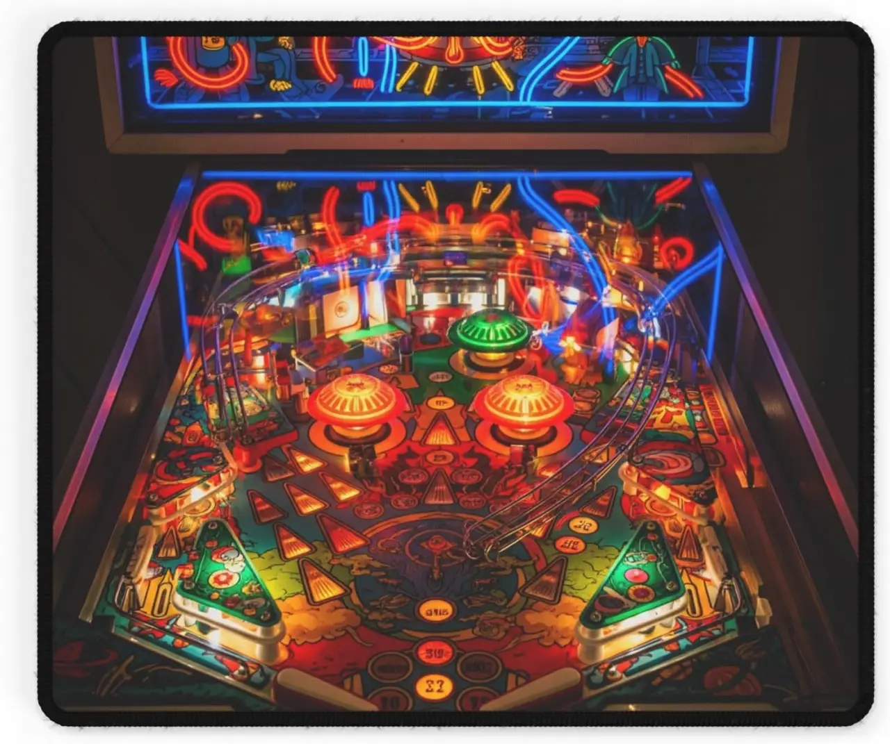 Colorful Vintage Pinball Machine Desk Mat with Neon Artwork - Premium Smooth Surface for Adults