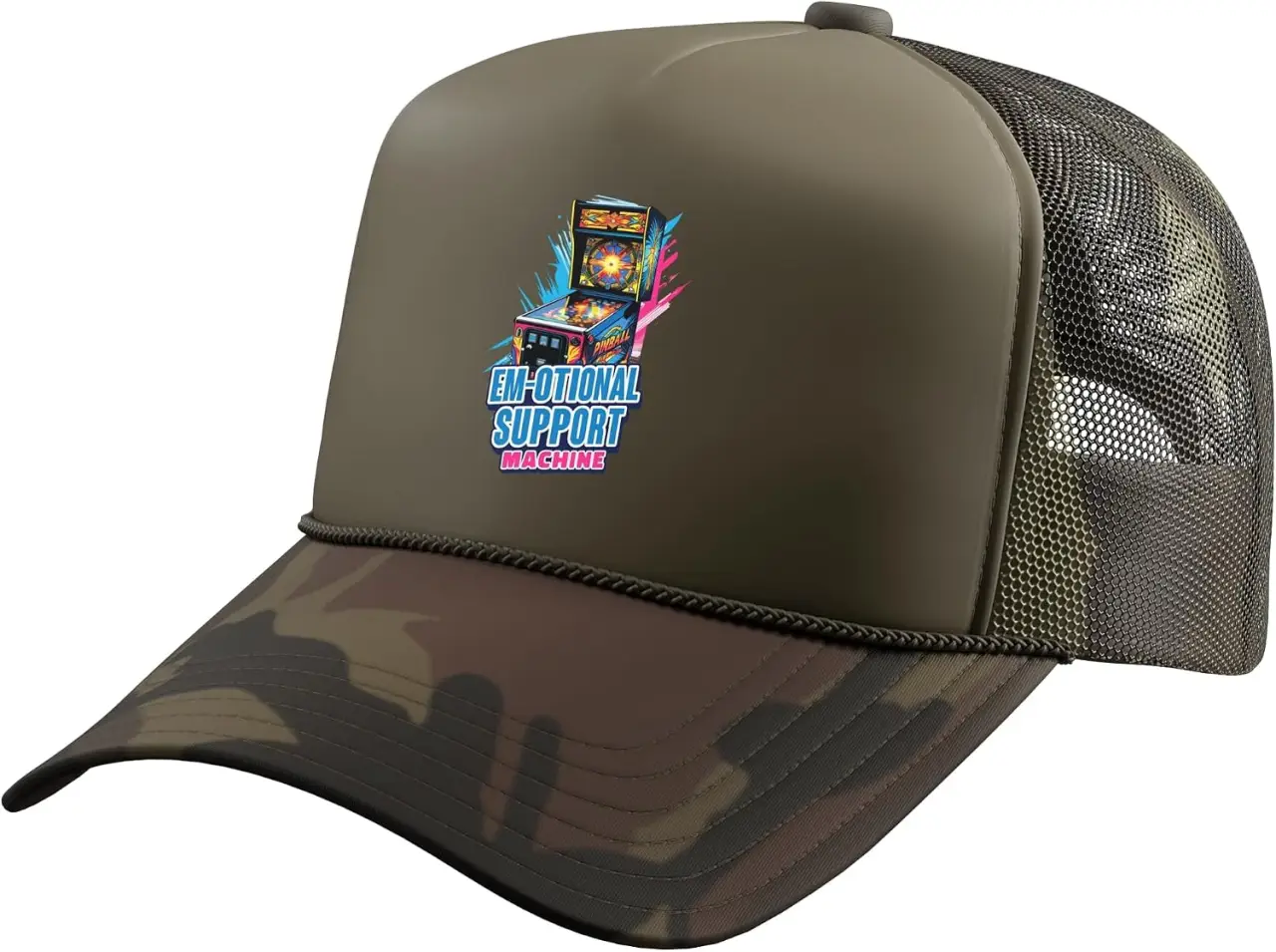 Em-otional Support Machine Funny Pinball Arcade Gamer Trucker Hat with Adjustable Mesh Back