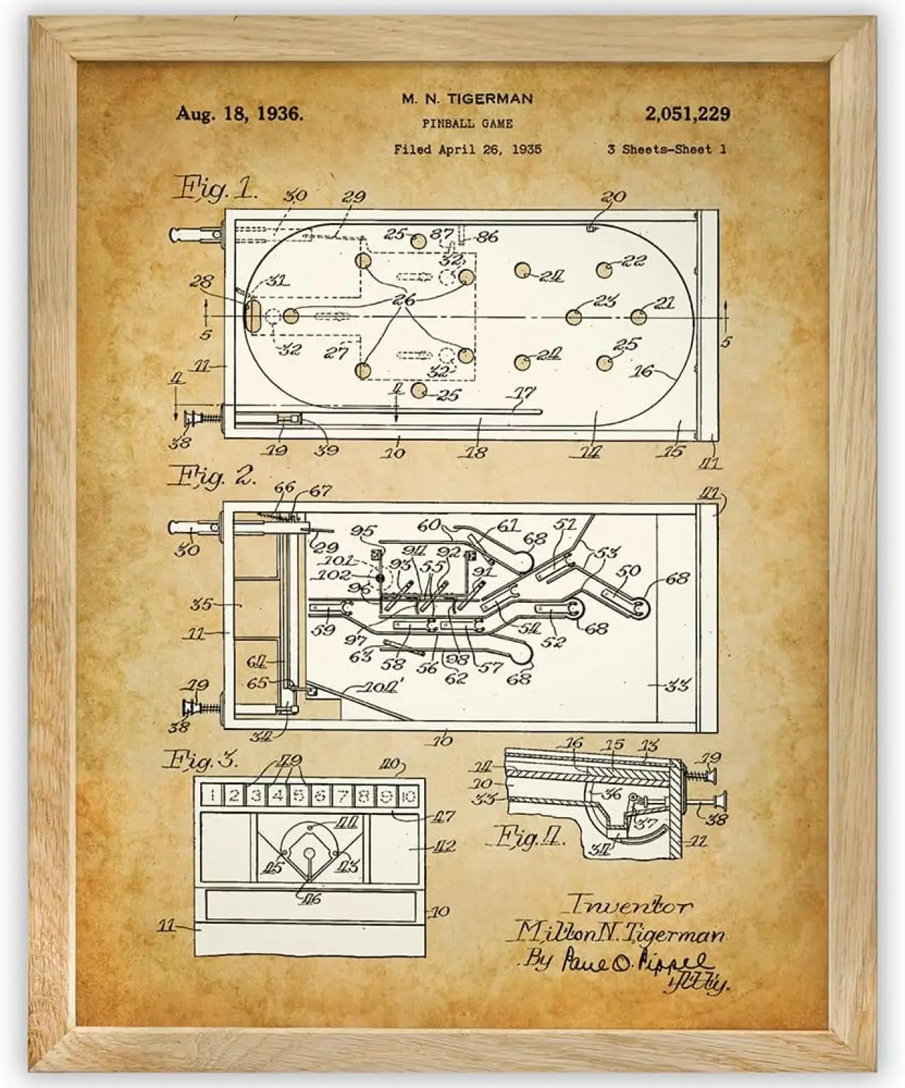 Lone Star Art Pinball Machine - 11x14 Framed Patent Print - Makes a Great Game Room or Arcade Decor and Gift for Gamers