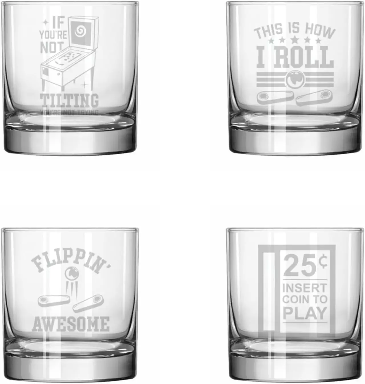 MIP Set of 4 Glass 11 oz Rocks Whiskey Glass Gift Pinball Collection
