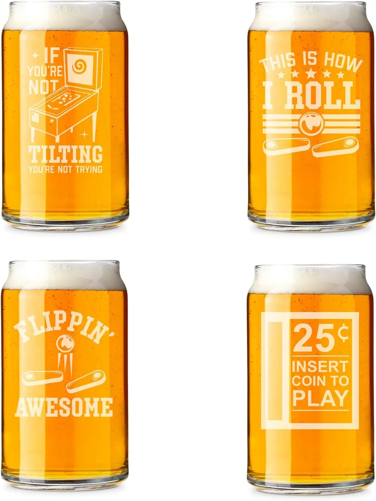 MIP Set of 4 Glass 16 oz Beer Can Glass Gift Pinball Collection