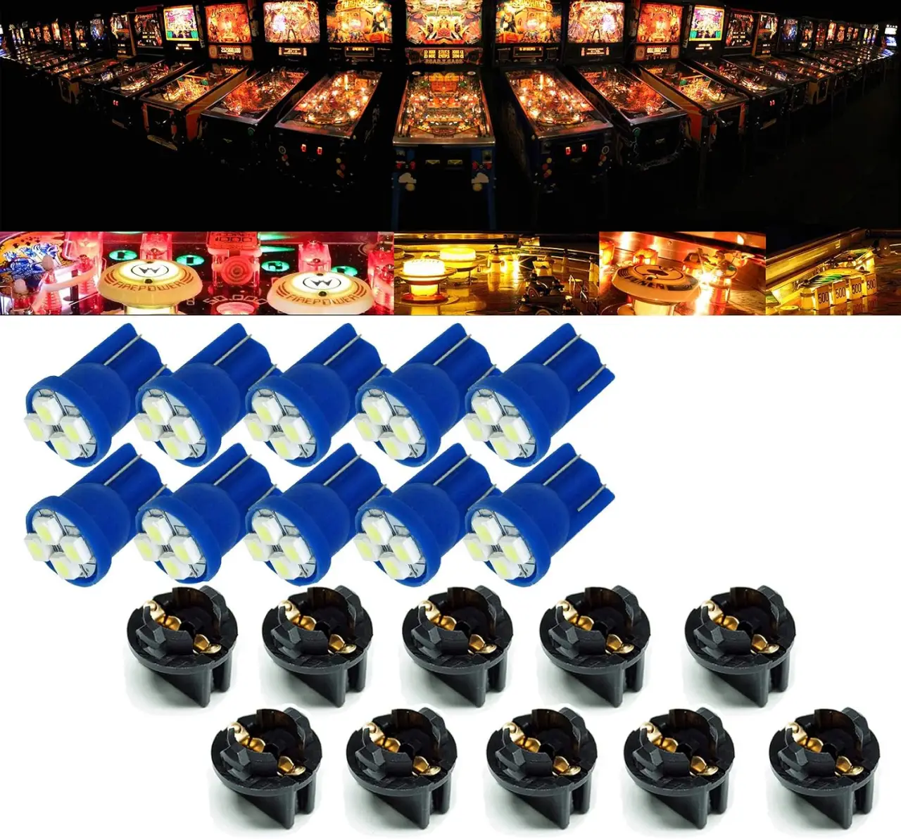 PA LED 10PCS #555 T10 LED Pinball Machine Lights 6.3V 4SMD + Bulb Socket Twist Lock Wedge Instrument Base (Ice Blue)