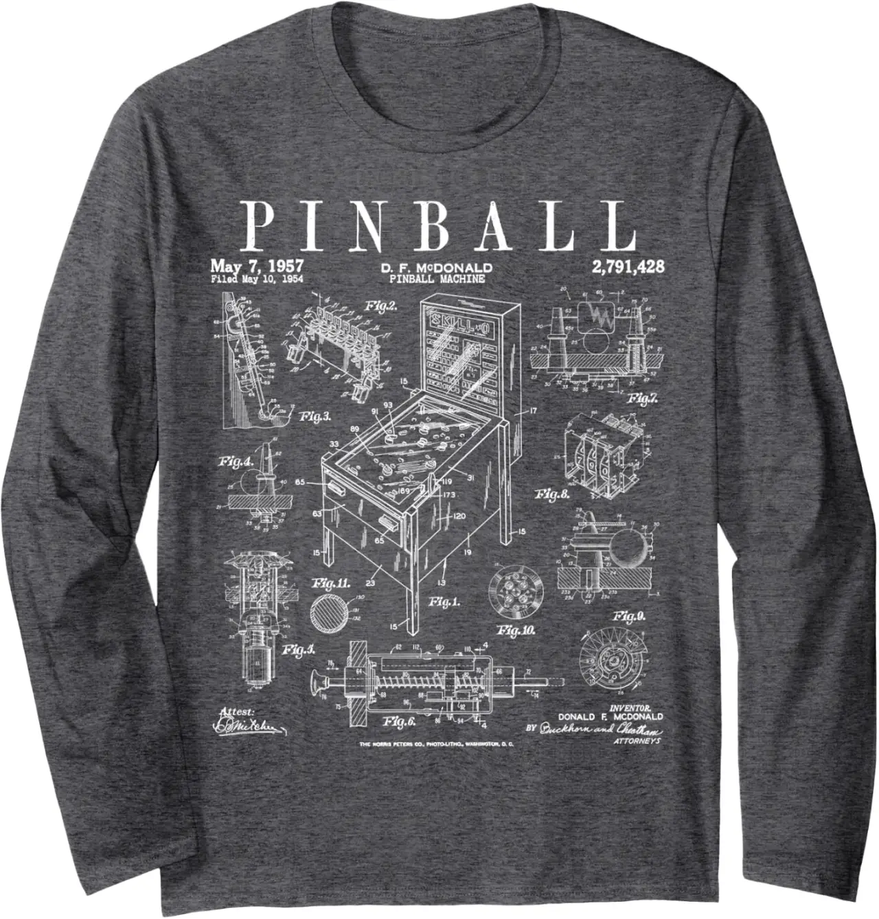 Pinball Arcade Gaming Machine Vintage Gamer Patent Print Long Sleeve T-Shirt