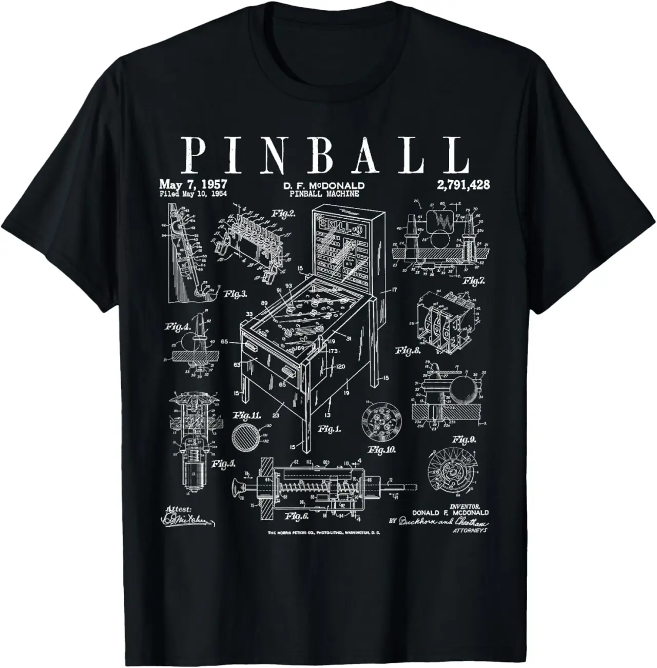 Pinball Arcade Gaming Machine Vintage Gamer Patent Print T-Shirt