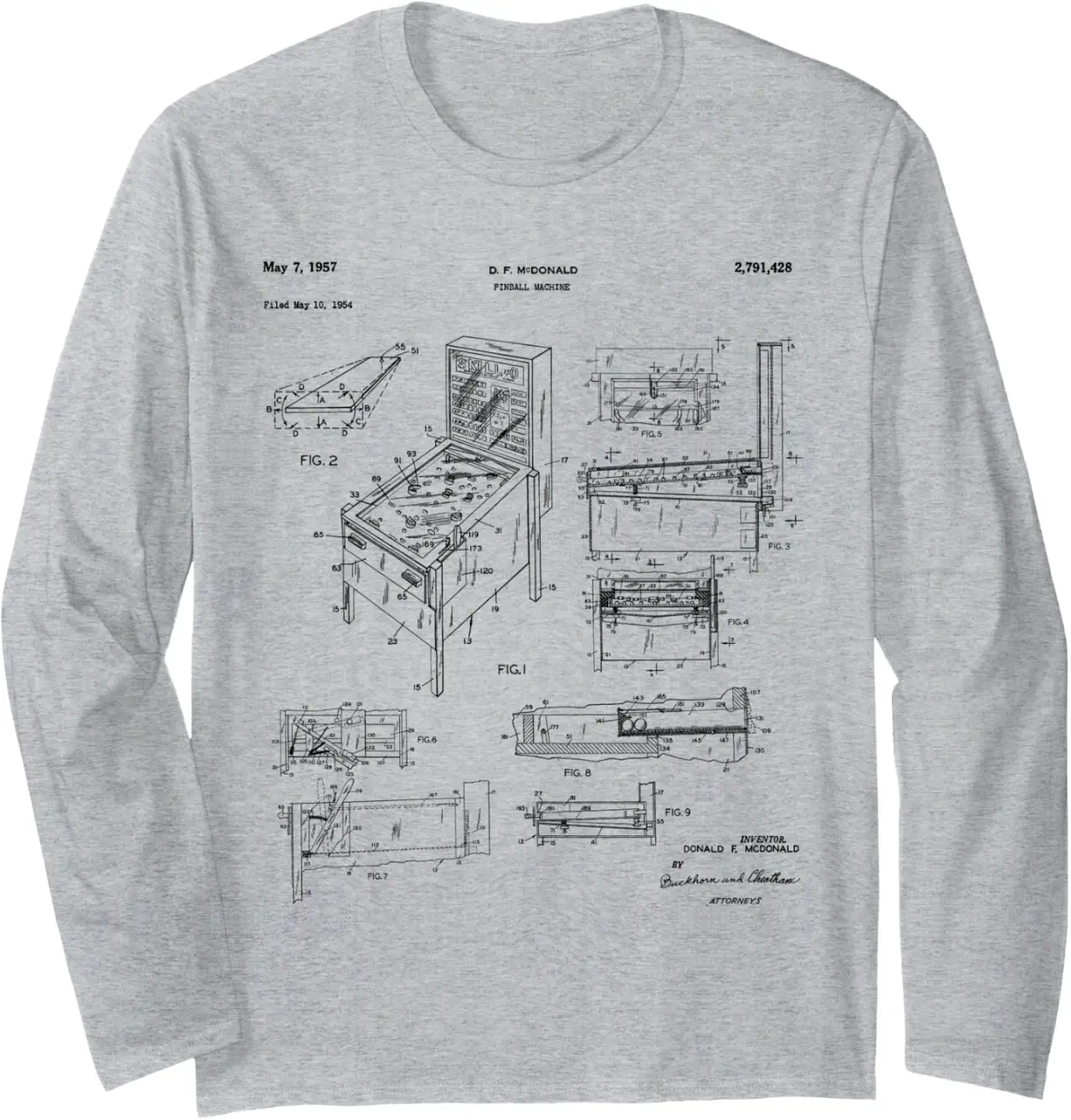 Pinball Machine Patent Blueprint Vintage Retro Drawing Long Sleeve T-Shirt
